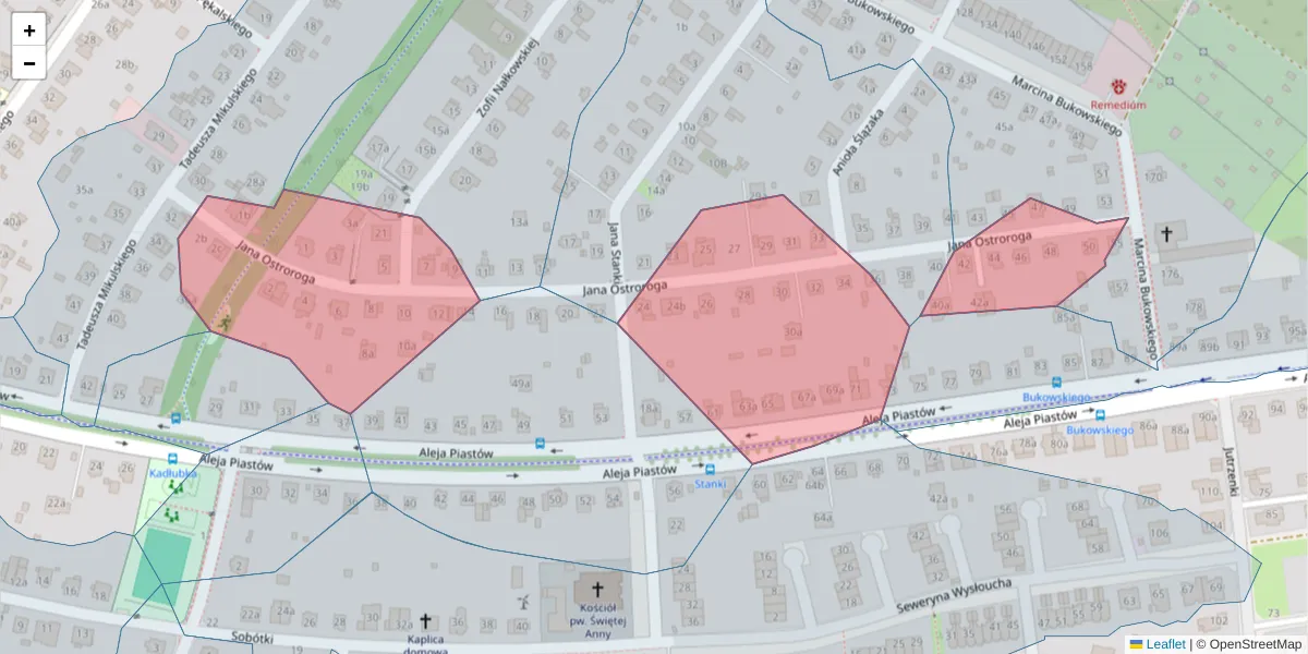 Szczegółowa mapa kodu pocztowego 52-421 z granicami, sąsiednimi kodami pocztowymi i urzędami pocztowymi
