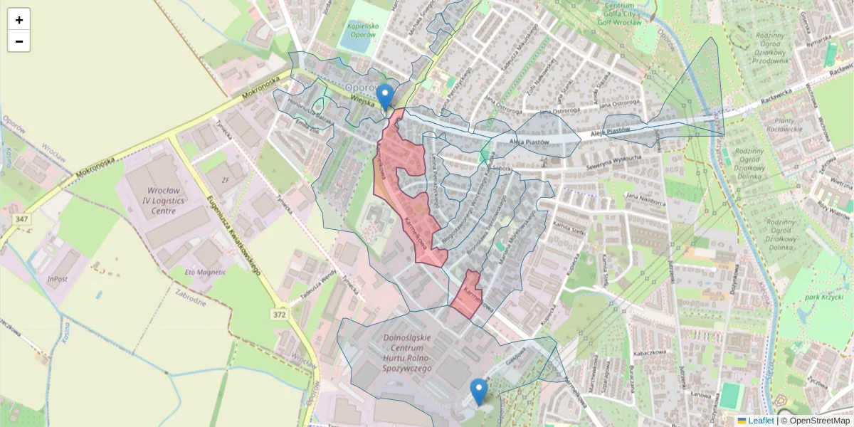 Szczegółowa mapa kodu pocztowego 52-436 z granicami, sąsiednimi kodami pocztowymi i urzędami pocztowymi
