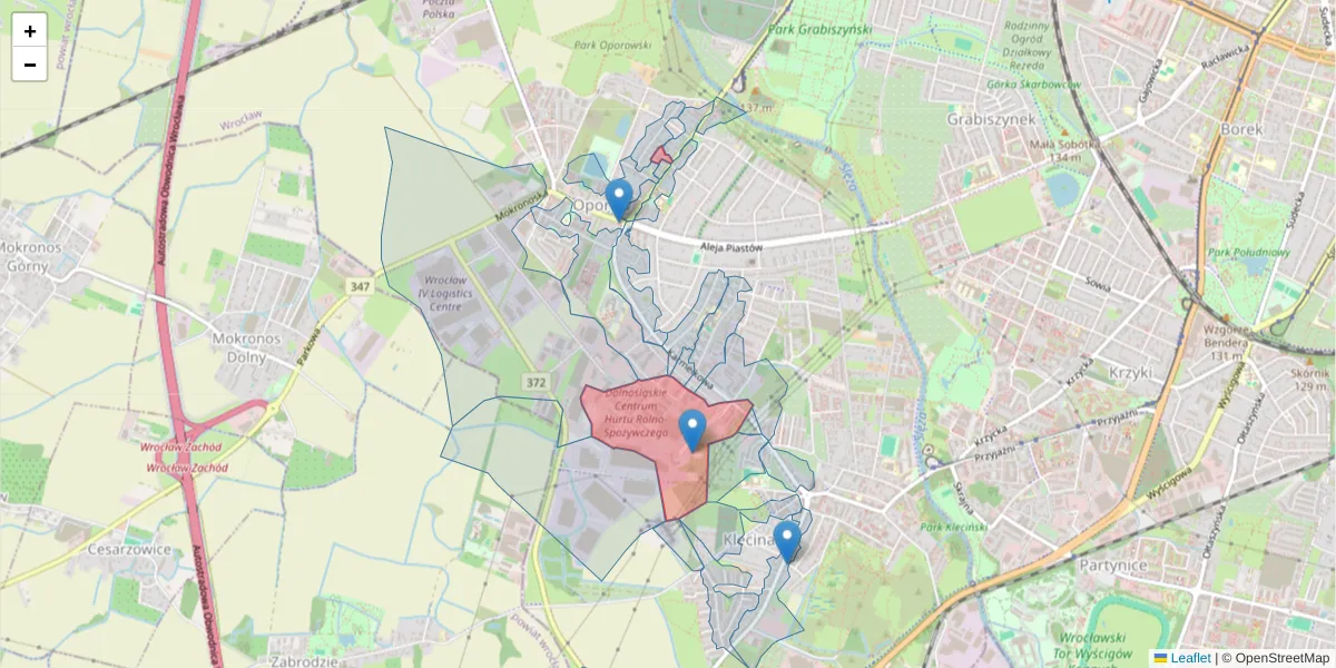 Szczegółowa mapa kodu pocztowego 52-438 z granicami, sąsiednimi kodami pocztowymi i urzędami pocztowymi