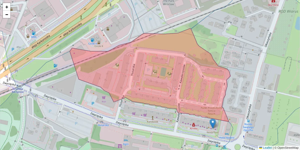 Szczegółowa mapa kodu pocztowego 53-004 z granicami, sąsiednimi kodami pocztowymi i urzędami pocztowymi