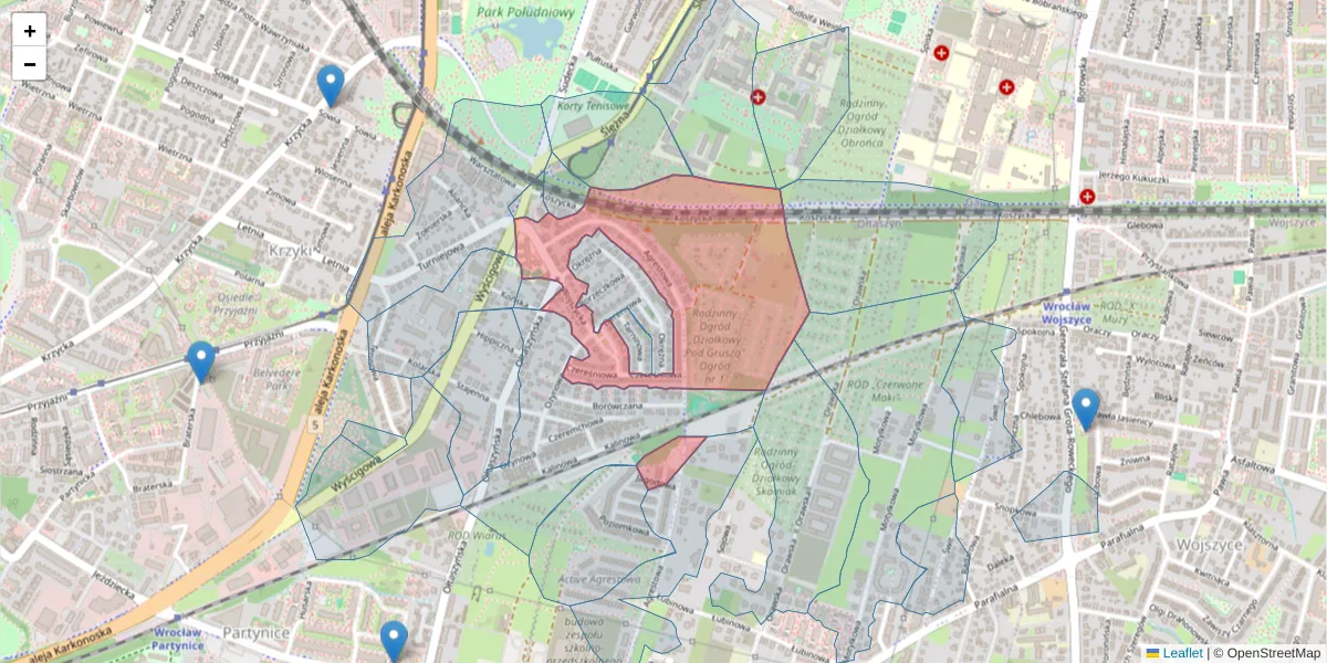 Szczegółowa mapa kodu pocztowego 53-006 z granicami, sąsiednimi kodami pocztowymi i urzędami pocztowymi