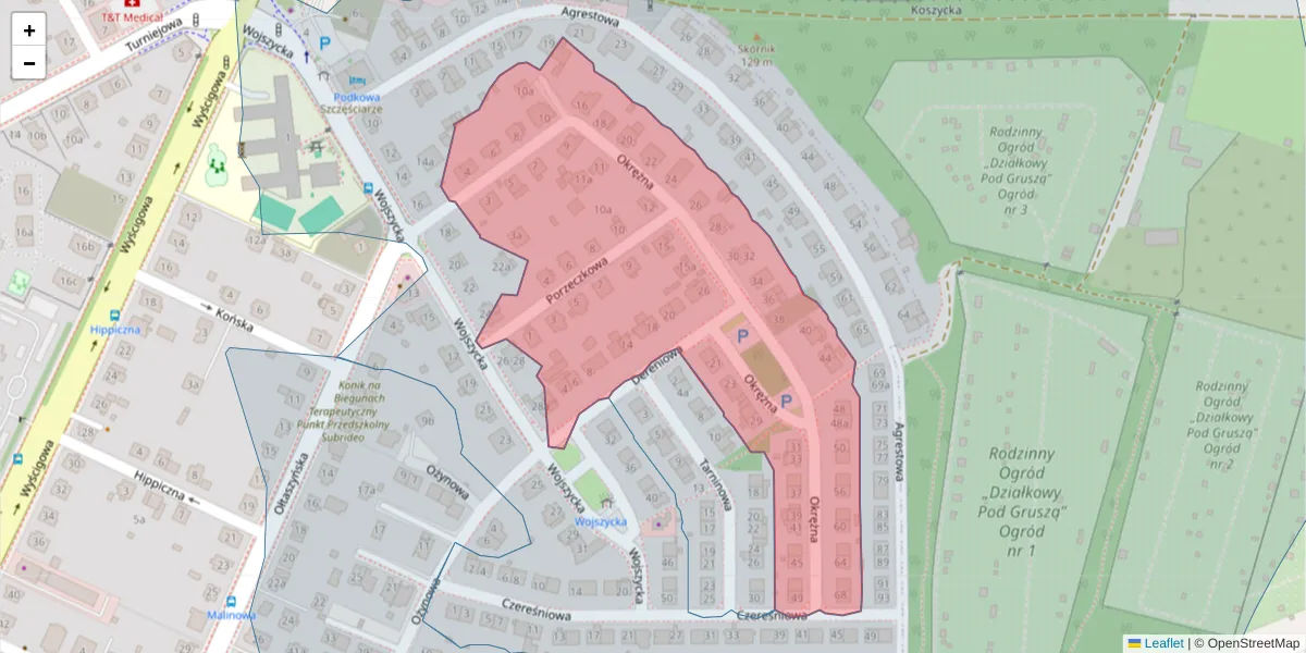 Szczegółowa mapa kodu pocztowego 53-008 z granicami, sąsiednimi kodami pocztowymi i urzędami pocztowymi
