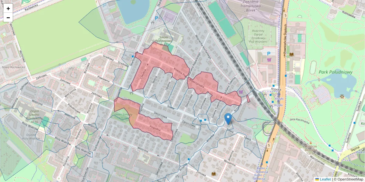 Szczegółowa mapa kodu pocztowego 53-022 z granicami, sąsiednimi kodami pocztowymi i urzędami pocztowymi