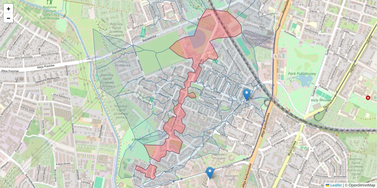 Szczegółowa mapa kodu pocztowego 53-025 z granicami, sąsiednimi kodami pocztowymi i urzędami pocztowymi