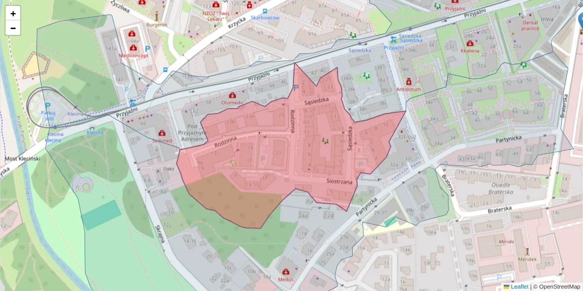 Szczegółowa mapa kodu pocztowego 53-029 z granicami, sąsiednimi kodami pocztowymi i urzędami pocztowymi