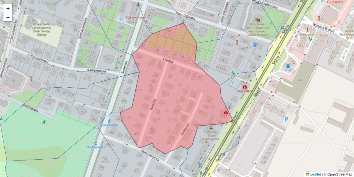 Szczegółowa mapa kodu pocztowego 53-118 z granicami, sąsiednimi kodami pocztowymi i urzędami pocztowymi
