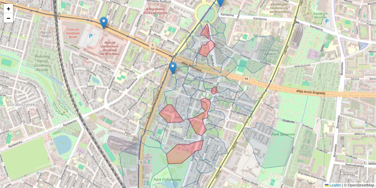 Szczegółowa mapa kodu pocztowego 53-128 z granicami, sąsiednimi kodami pocztowymi i urzędami pocztowymi