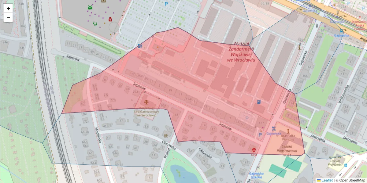 Szczegółowa mapa kodu pocztowego 53-151 z granicami, sąsiednimi kodami pocztowymi i urzędami pocztowymi
