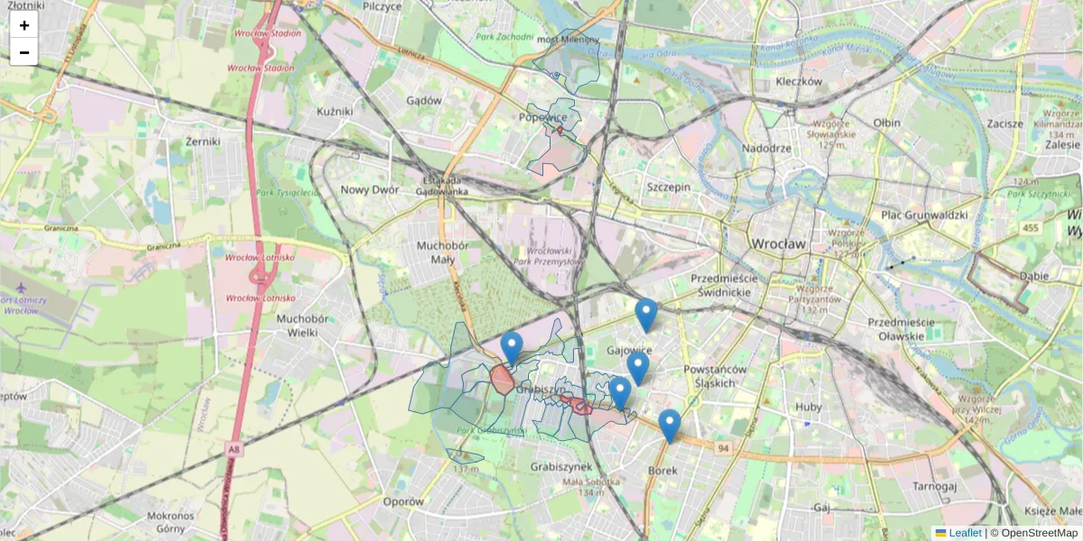 Szczegółowa mapa kodu pocztowego 53-203 z granicami, sąsiednimi kodami pocztowymi i urzędami pocztowymi