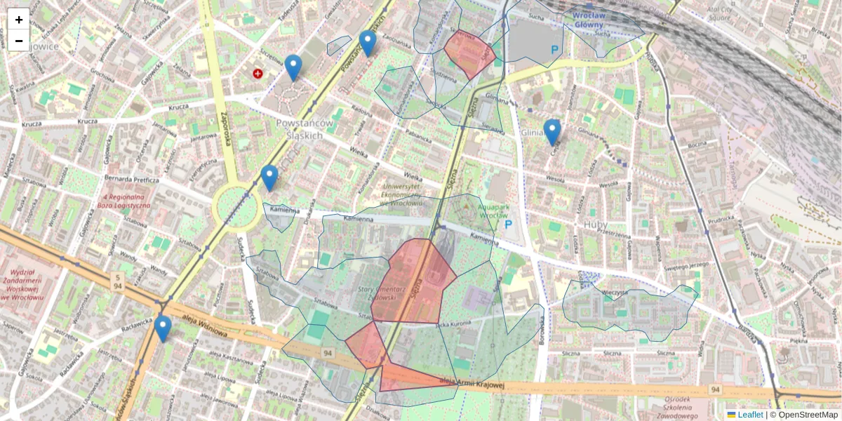 Szczegółowa mapa kodu pocztowego 53-301 z granicami, sąsiednimi kodami pocztowymi i urzędami pocztowymi
