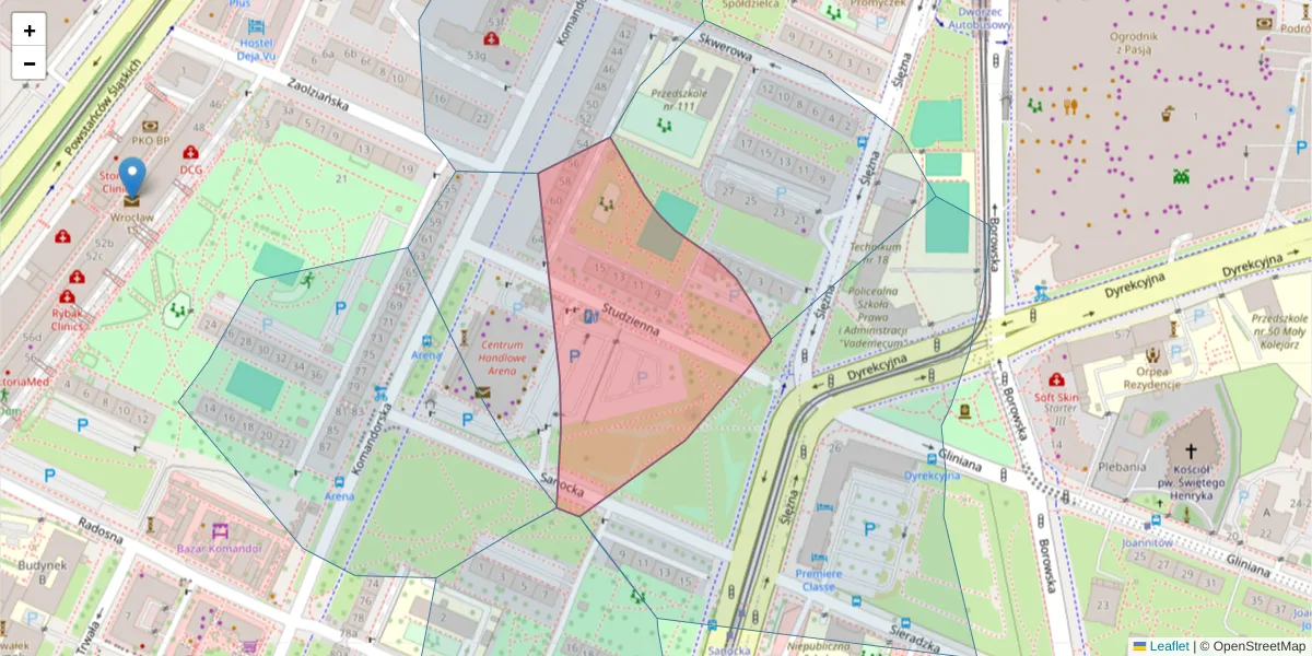 Szczegółowa mapa kodu pocztowego 53-304 z granicami, sąsiednimi kodami pocztowymi i urzędami pocztowymi