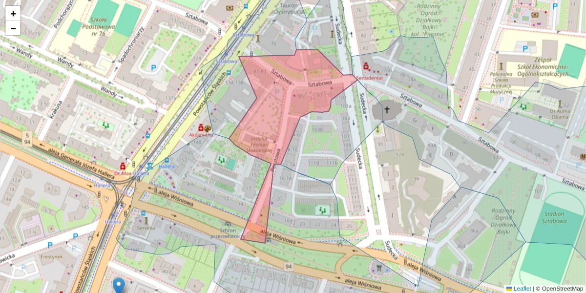 Szczegółowa mapa kodu pocztowego 53-313 z granicami, sąsiednimi kodami pocztowymi i urzędami pocztowymi