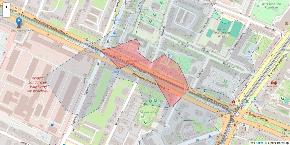 Szczegółowa mapa kodu pocztowego 53-319 z granicami, sąsiednimi kodami pocztowymi i urzędami pocztowymi