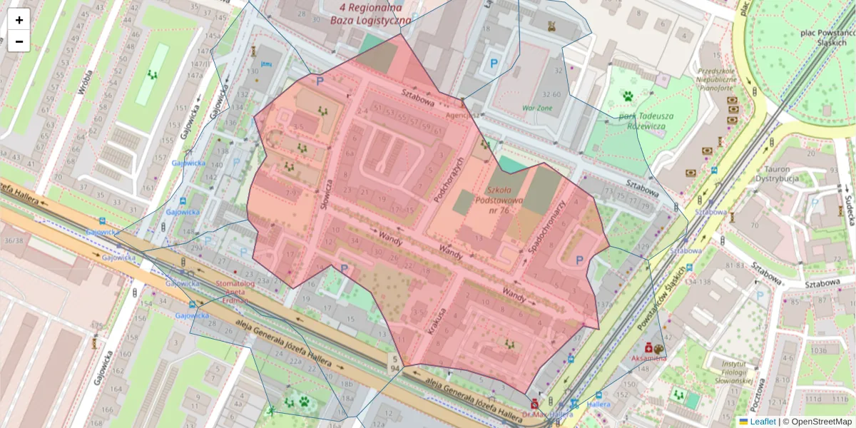 Szczegółowa mapa kodu pocztowego 53-320 z granicami, sąsiednimi kodami pocztowymi i urzędami pocztowymi