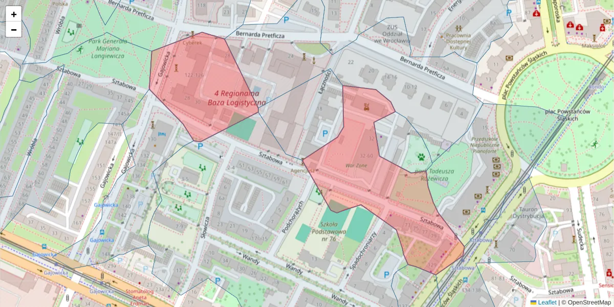 Szczegółowa mapa kodu pocztowego 53-321 z granicami, sąsiednimi kodami pocztowymi i urzędami pocztowymi