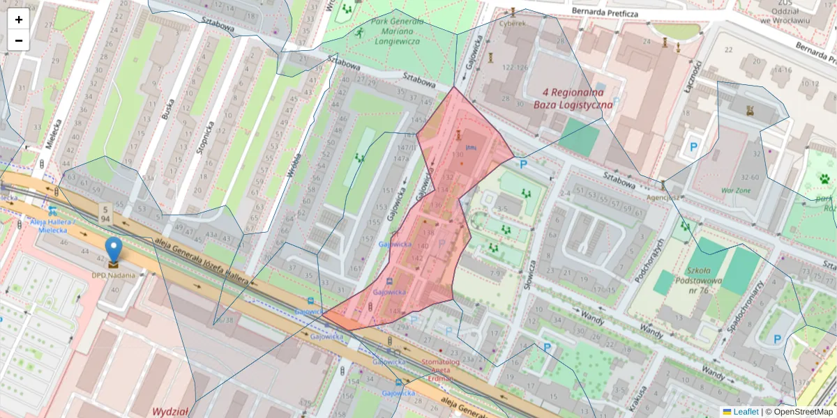 Szczegółowa mapa kodu pocztowego 53-322 z granicami, sąsiednimi kodami pocztowymi i urzędami pocztowymi