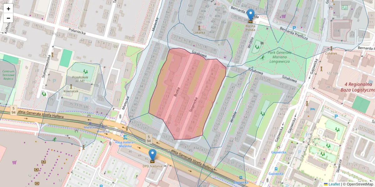Szczegółowa mapa kodu pocztowego 53-326 z granicami, sąsiednimi kodami pocztowymi i urzędami pocztowymi