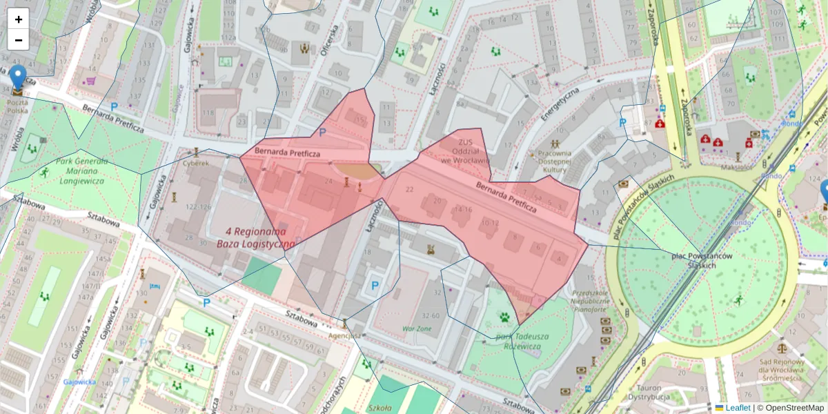 Szczegółowa mapa kodu pocztowego 53-328 z granicami, sąsiednimi kodami pocztowymi i urzędami pocztowymi