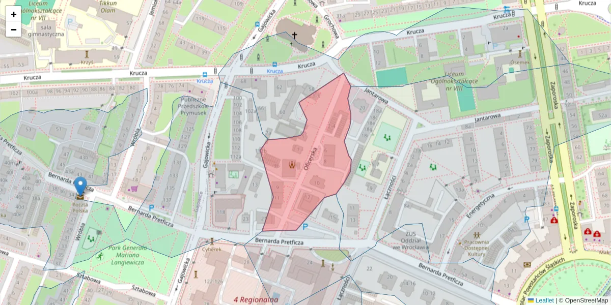 Szczegółowa mapa kodu pocztowego 53-331 z granicami, sąsiednimi kodami pocztowymi i urzędami pocztowymi