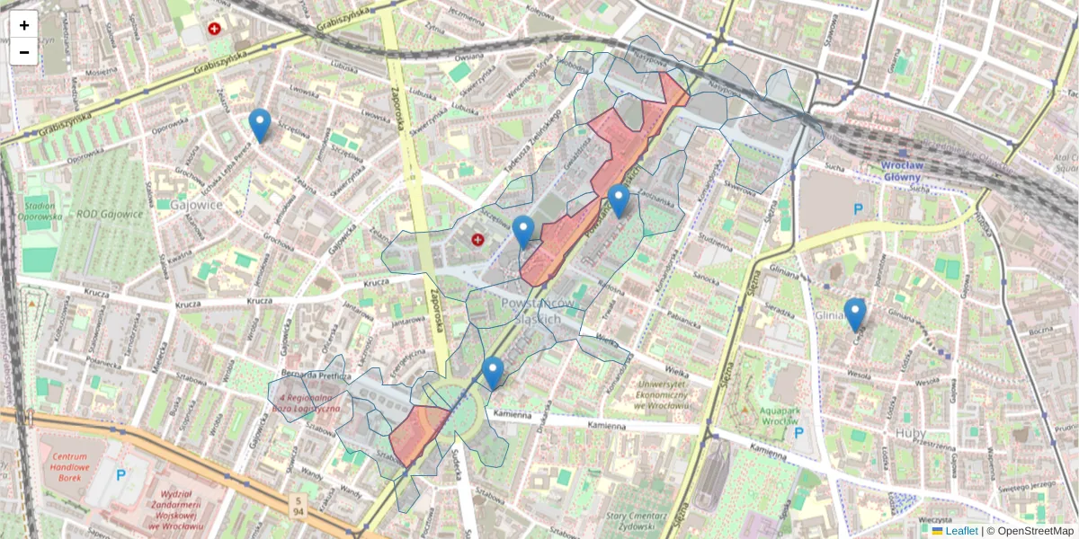 Szczegółowa mapa kodu pocztowego 53-332 z granicami, sąsiednimi kodami pocztowymi i urzędami pocztowymi