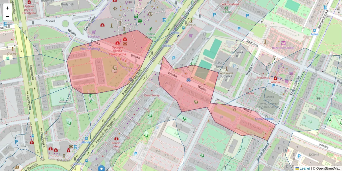 Szczegółowa mapa kodu pocztowego 53-338 z granicami, sąsiednimi kodami pocztowymi i urzędami pocztowymi