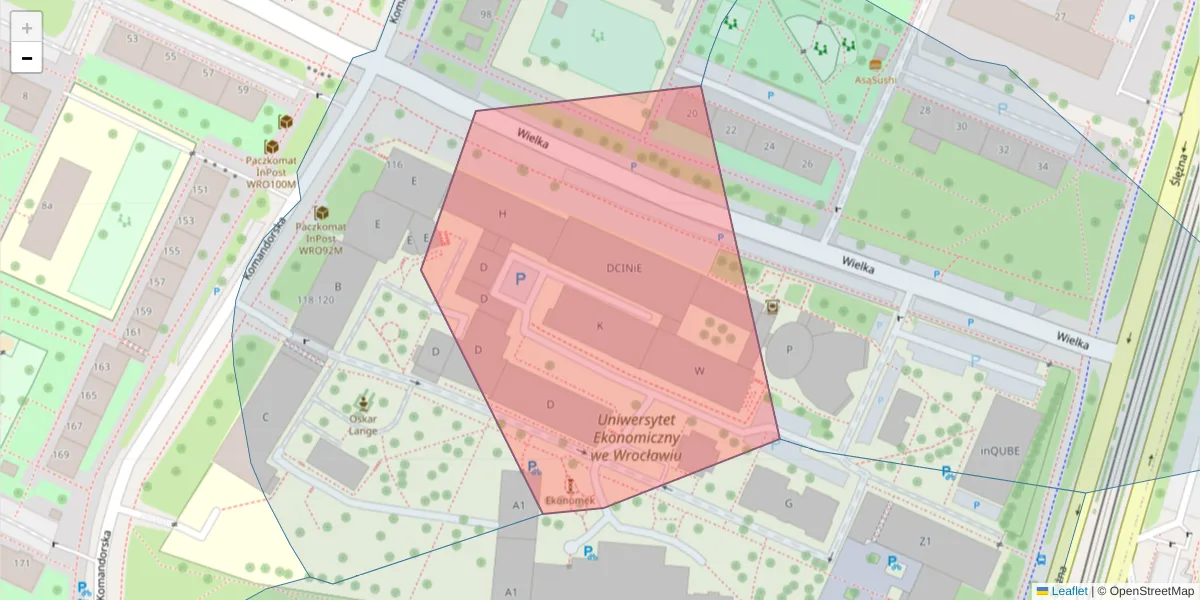 Szczegółowa mapa kodu pocztowego 53-340 z granicami, sąsiednimi kodami pocztowymi i urzędami pocztowymi