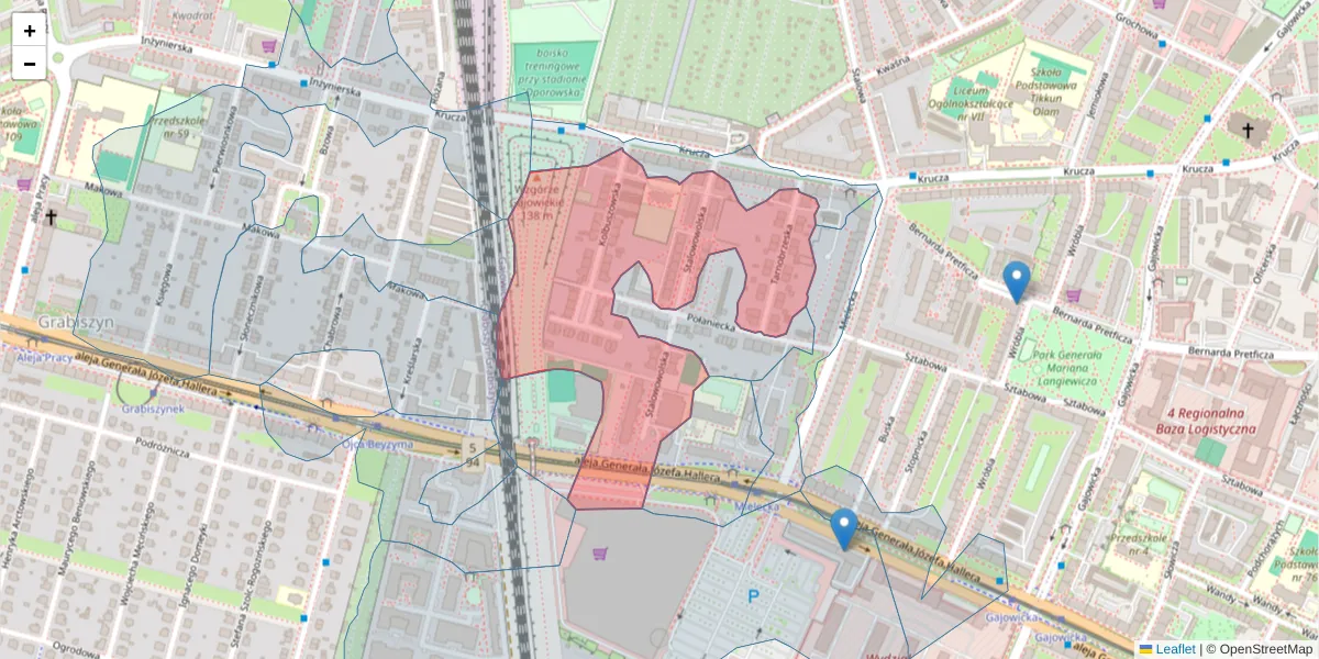Szczegółowa mapa kodu pocztowego 53-404 z granicami, sąsiednimi kodami pocztowymi i urzędami pocztowymi