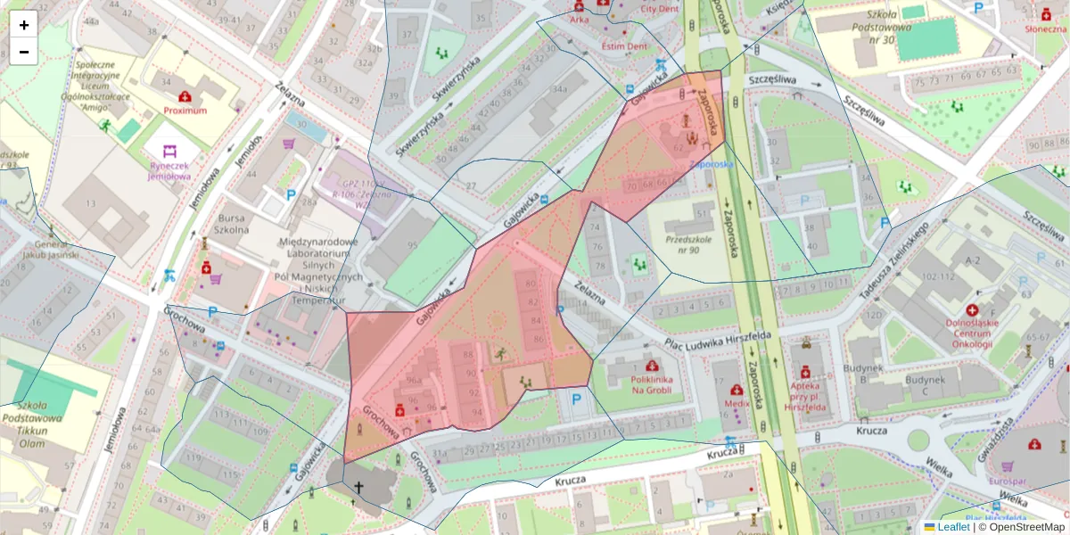 Szczegółowa mapa kodu pocztowego 53-422 z granicami, sąsiednimi kodami pocztowymi i urzędami pocztowymi