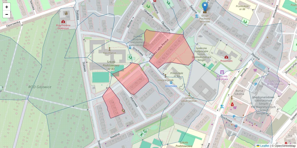 Szczegółowa mapa kodu pocztowego 53-430 z granicami, sąsiednimi kodami pocztowymi i urzędami pocztowymi