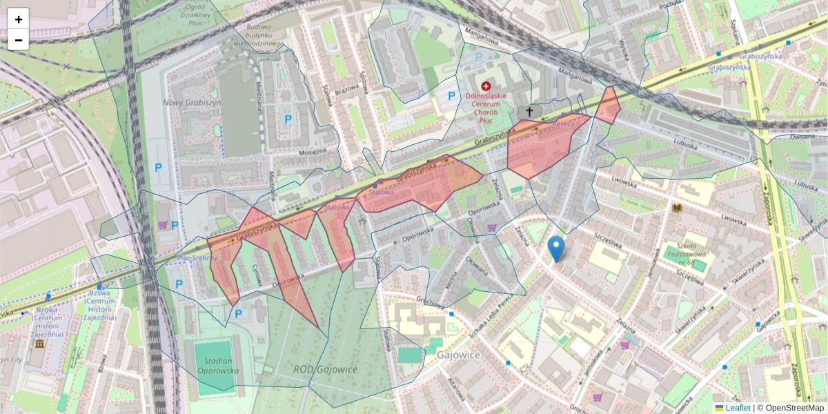 Szczegółowa mapa kodu pocztowego 53-437 z granicami, sąsiednimi kodami pocztowymi i urzędami pocztowymi