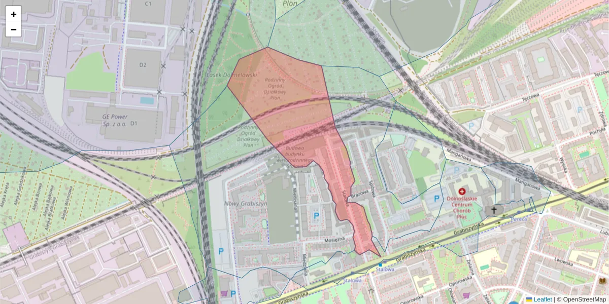 Szczegółowa mapa kodu pocztowego 53-440 z granicami, sąsiednimi kodami pocztowymi i urzędami pocztowymi