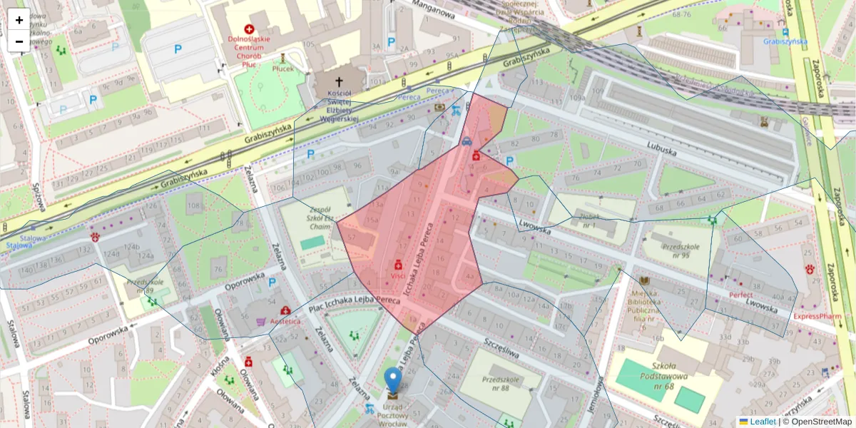 Szczegółowa mapa kodu pocztowego 53-444 z granicami, sąsiednimi kodami pocztowymi i urzędami pocztowymi