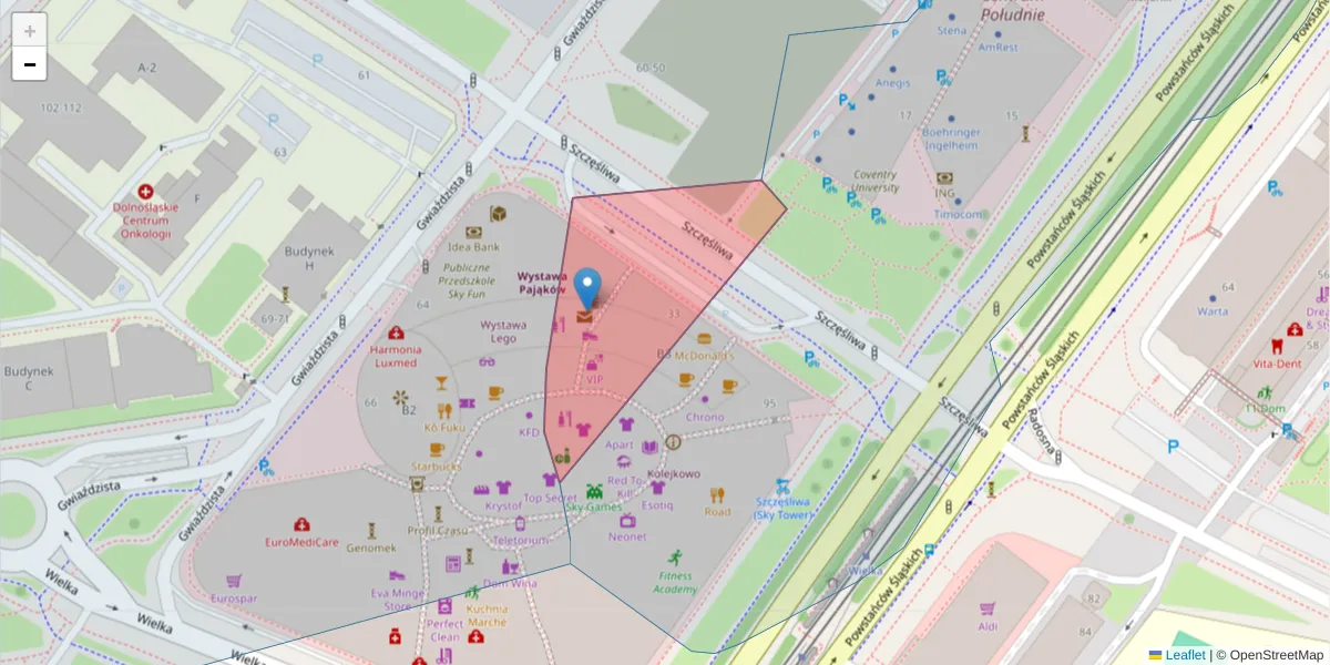 Szczegółowa mapa kodu pocztowego 53-445 z granicami, sąsiednimi kodami pocztowymi i urzędami pocztowymi