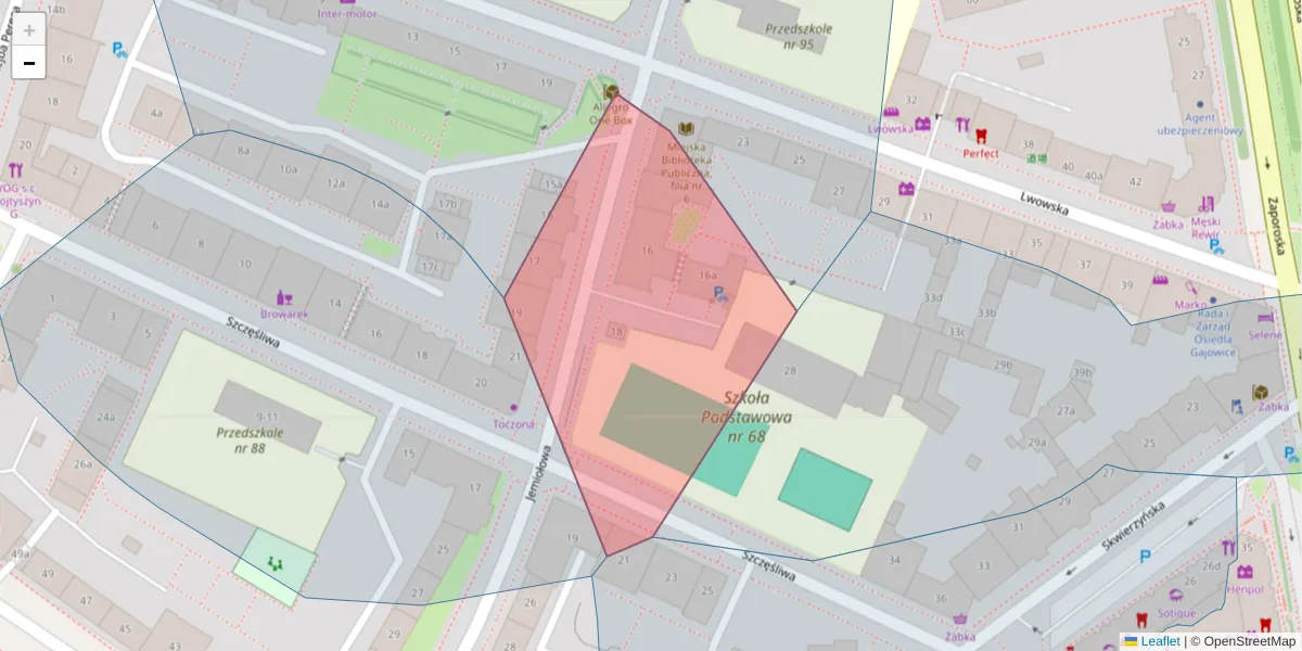 Szczegółowa mapa kodu pocztowego 53-447 z granicami, sąsiednimi kodami pocztowymi i urzędami pocztowymi