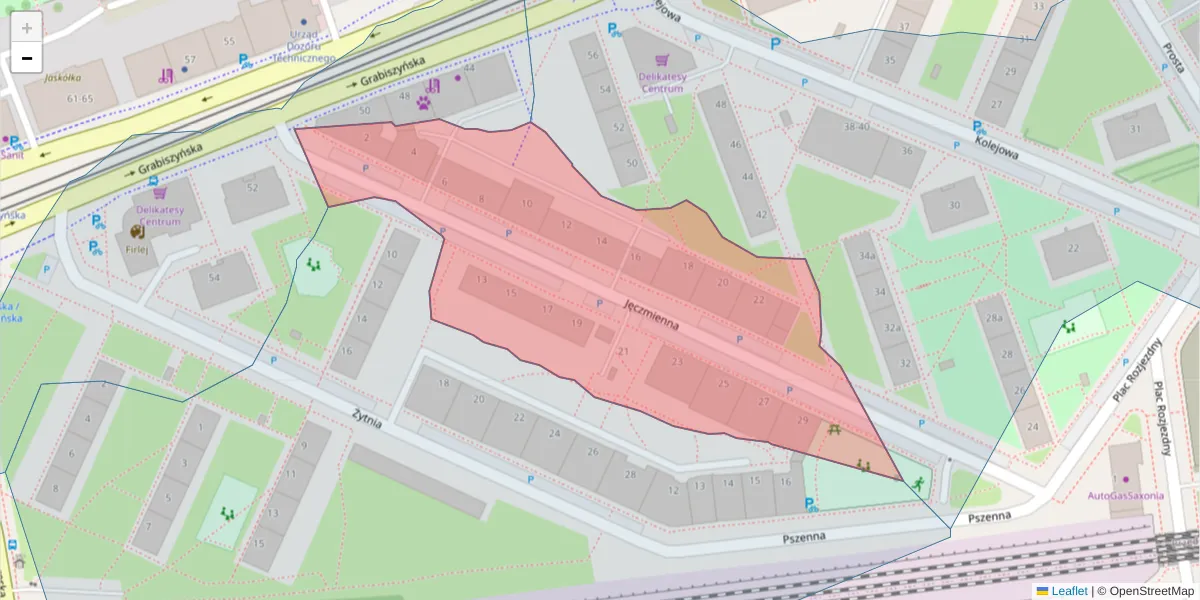 Szczegółowa mapa kodu pocztowego 53-507 z granicami, sąsiednimi kodami pocztowymi i urzędami pocztowymi