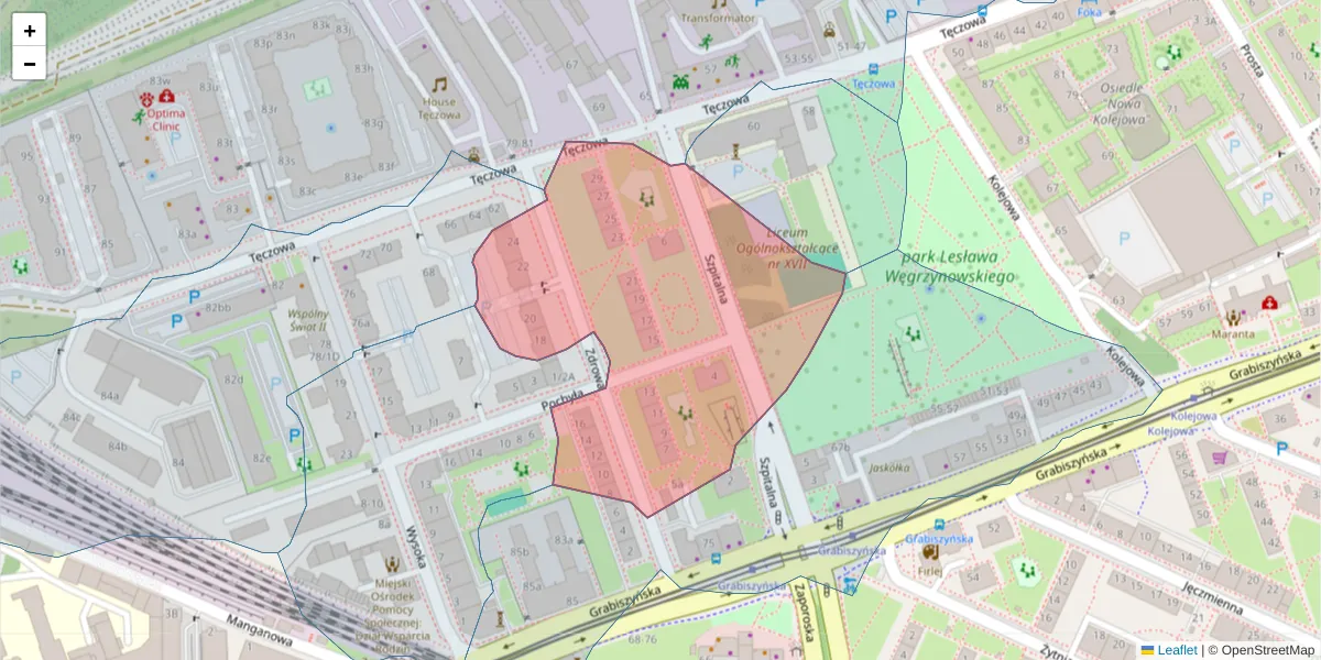 Szczegółowa mapa kodu pocztowego 53-511 z granicami, sąsiednimi kodami pocztowymi i urzędami pocztowymi