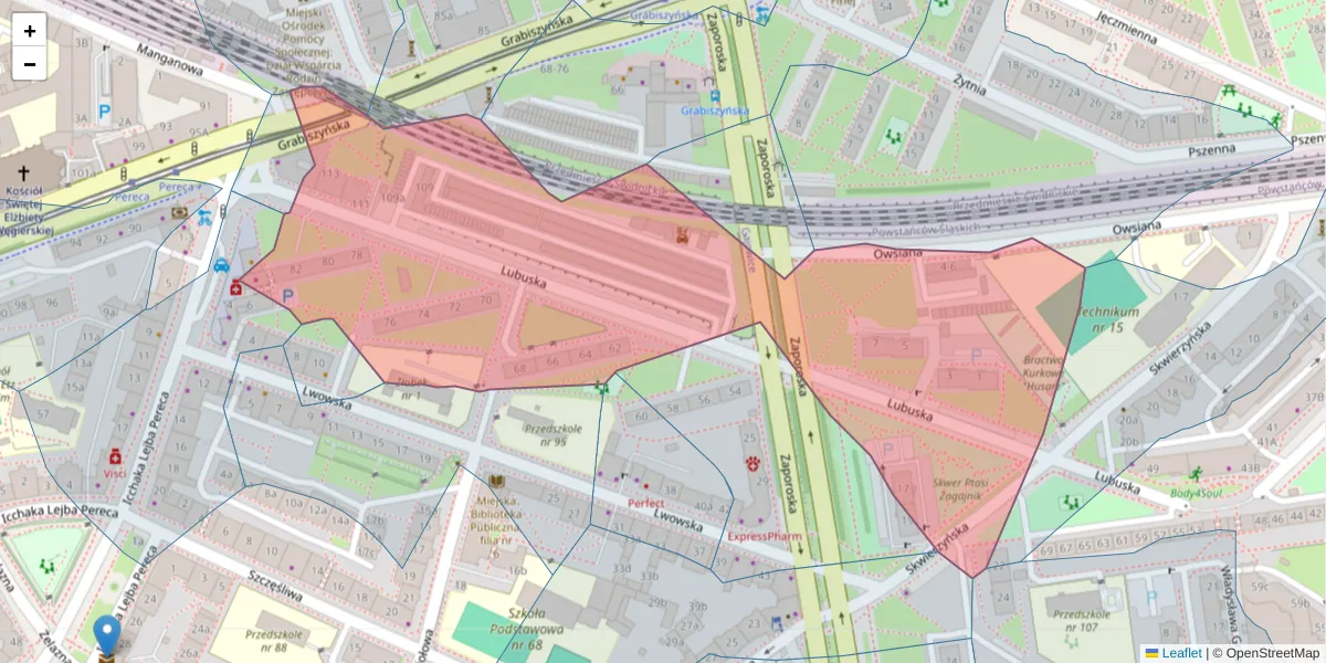 Szczegółowa mapa kodu pocztowego 53-514 z granicami, sąsiednimi kodami pocztowymi i urzędami pocztowymi