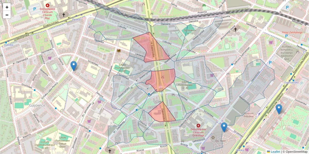 Szczegółowa mapa kodu pocztowego 53-519 z granicami, sąsiednimi kodami pocztowymi i urzędami pocztowymi