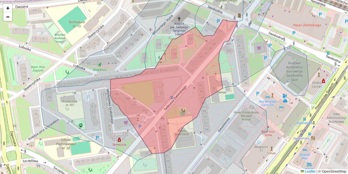 Szczegółowa mapa kodu pocztowego 53-533 z granicami, sąsiednimi kodami pocztowymi i urzędami pocztowymi