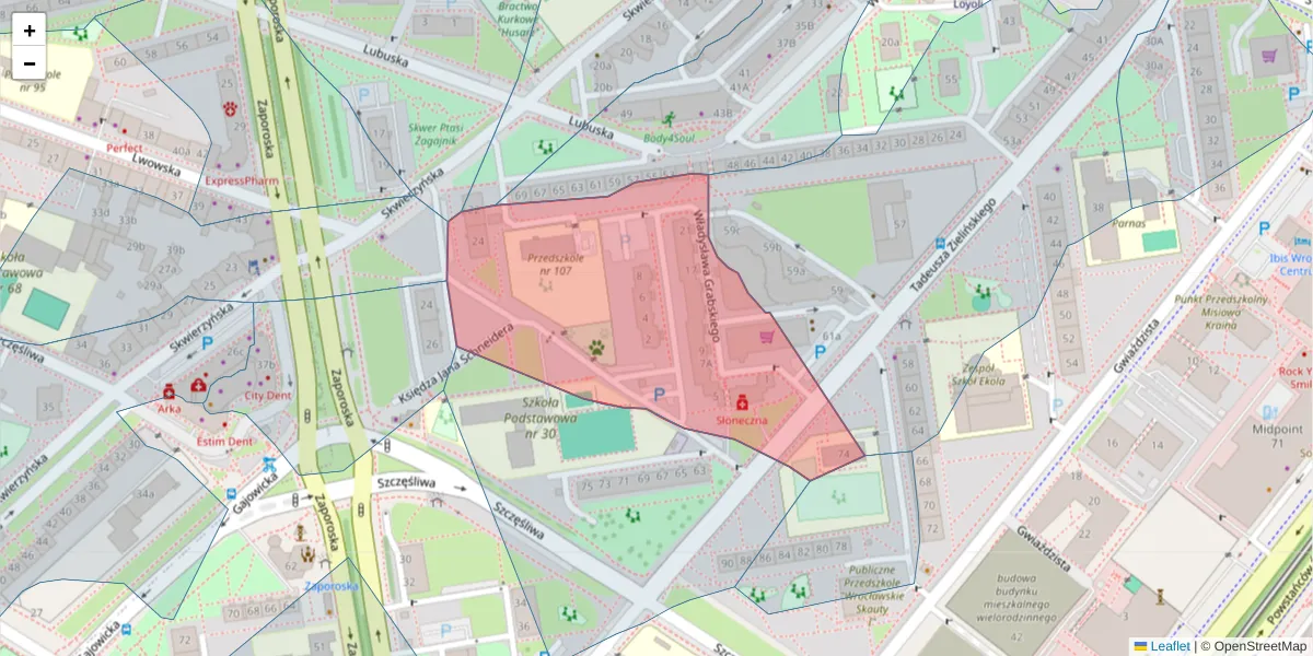 Szczegółowa mapa kodu pocztowego 53-535 z granicami, sąsiednimi kodami pocztowymi i urzędami pocztowymi