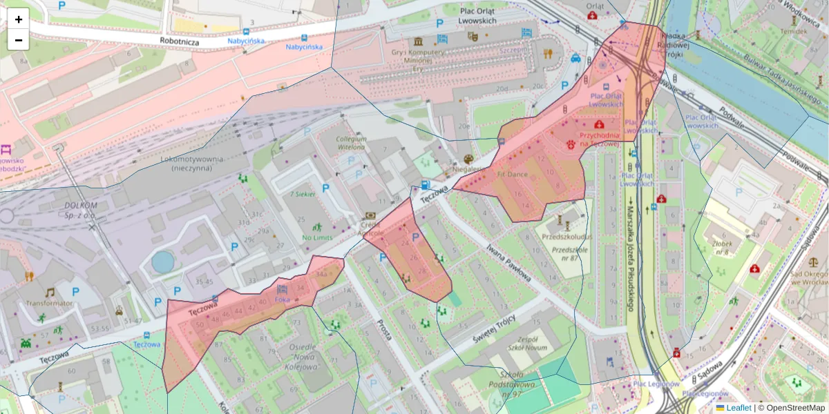 Szczegółowa mapa kodu pocztowego 53-602 z granicami, sąsiednimi kodami pocztowymi i urzędami pocztowymi