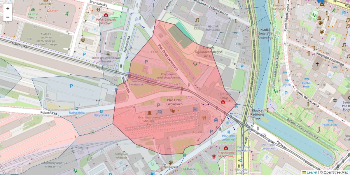 Szczegółowa mapa kodu pocztowego 53-605 z granicami, sąsiednimi kodami pocztowymi i urzędami pocztowymi