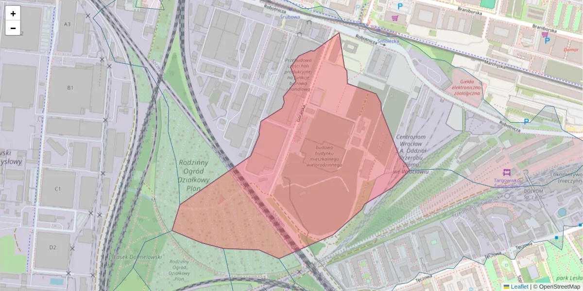 Szczegółowa mapa kodu pocztowego 53-610 z granicami, sąsiednimi kodami pocztowymi i urzędami pocztowymi