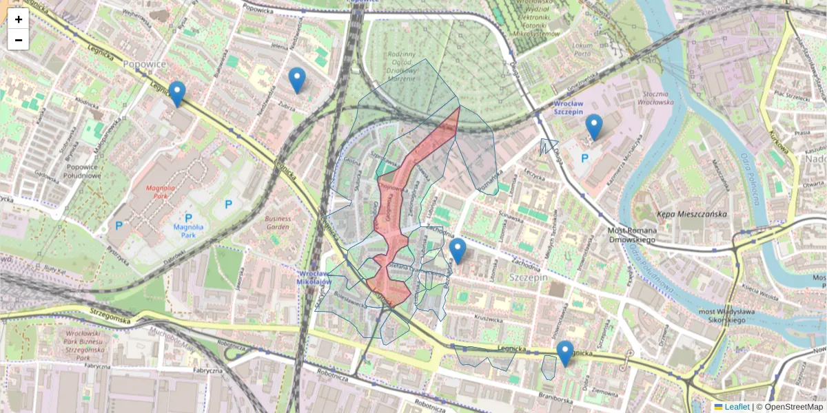 Szczegółowa mapa kodu pocztowego 53-621 z granicami, sąsiednimi kodami pocztowymi i urzędami pocztowymi