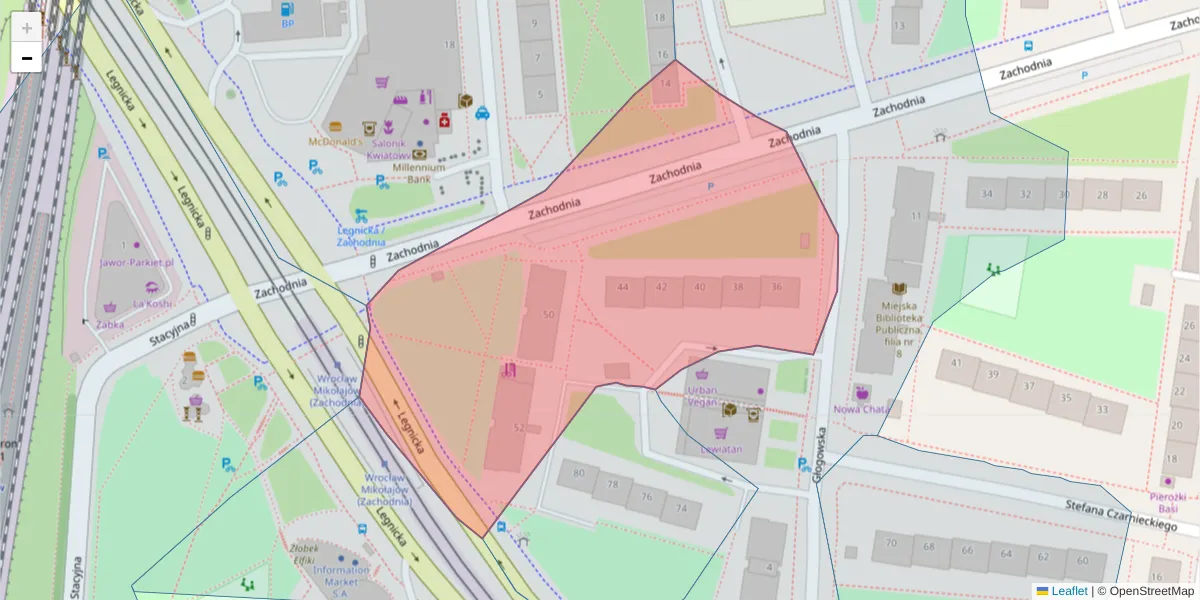 Szczegółowa mapa kodu pocztowego 53-622 z granicami, sąsiednimi kodami pocztowymi i urzędami pocztowymi