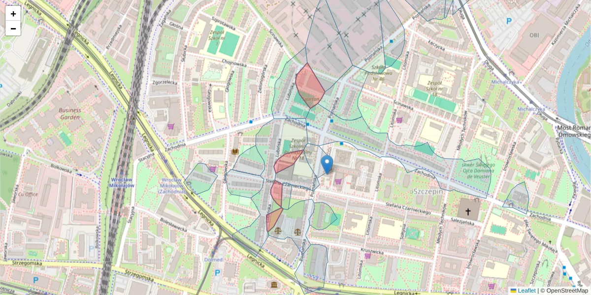 Szczegółowa mapa kodu pocztowego 53-623 z granicami, sąsiednimi kodami pocztowymi i urzędami pocztowymi