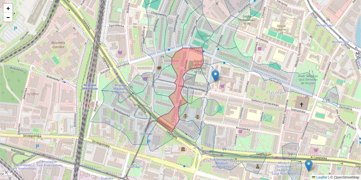 Szczegółowa mapa kodu pocztowego 53-624 z granicami, sąsiednimi kodami pocztowymi i urzędami pocztowymi