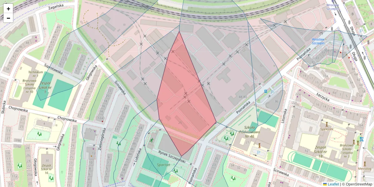 Szczegółowa mapa kodu pocztowego 53-628 z granicami, sąsiednimi kodami pocztowymi i urzędami pocztowymi