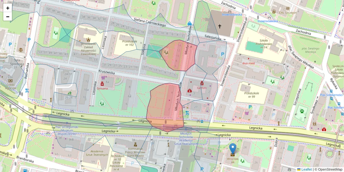 Szczegółowa mapa kodu pocztowego 53-646 z granicami, sąsiednimi kodami pocztowymi i urzędami pocztowymi