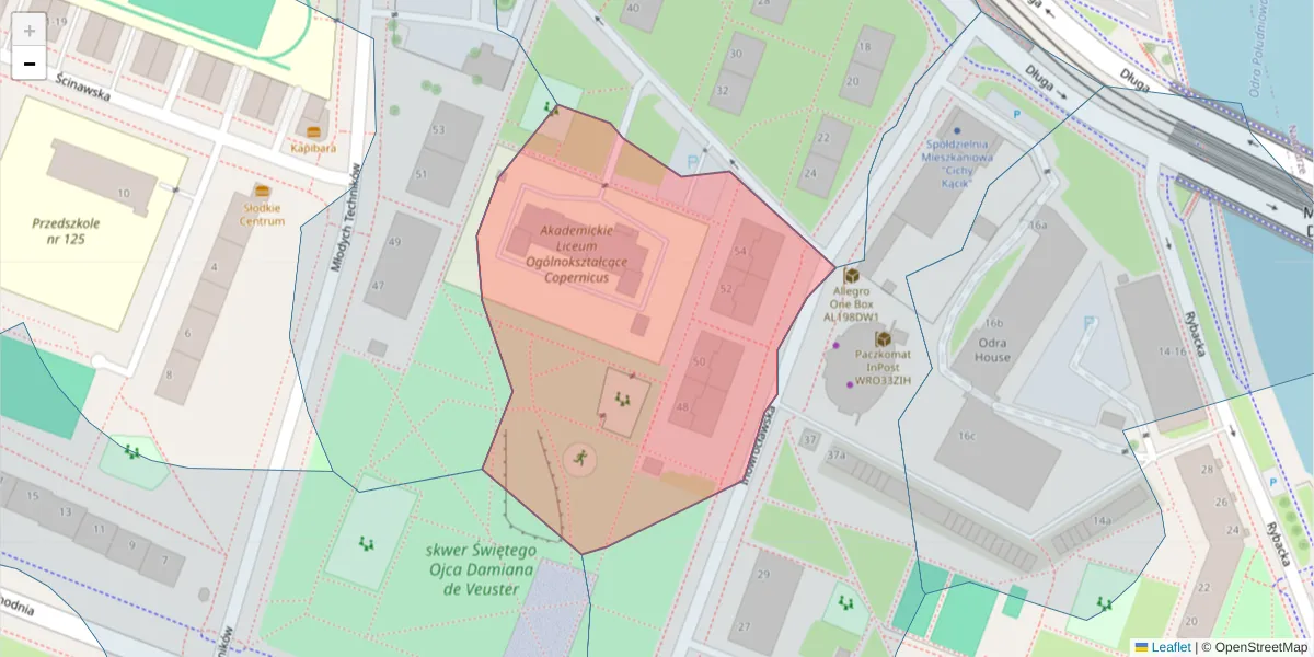 Szczegółowa mapa kodu pocztowego 53-648 z granicami, sąsiednimi kodami pocztowymi i urzędami pocztowymi